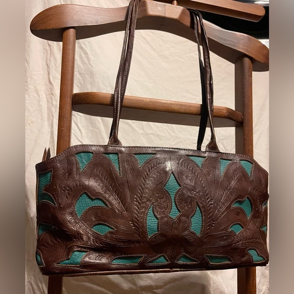 Leaders in Leather VTG Made in Paraguay Dark Brown/Aqua hand tooled Leather bag - Picture 6 of 13